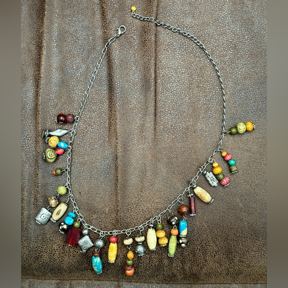 Boho Beaded necklace w/a silver-tone chain & various wooden, stone & metal beads